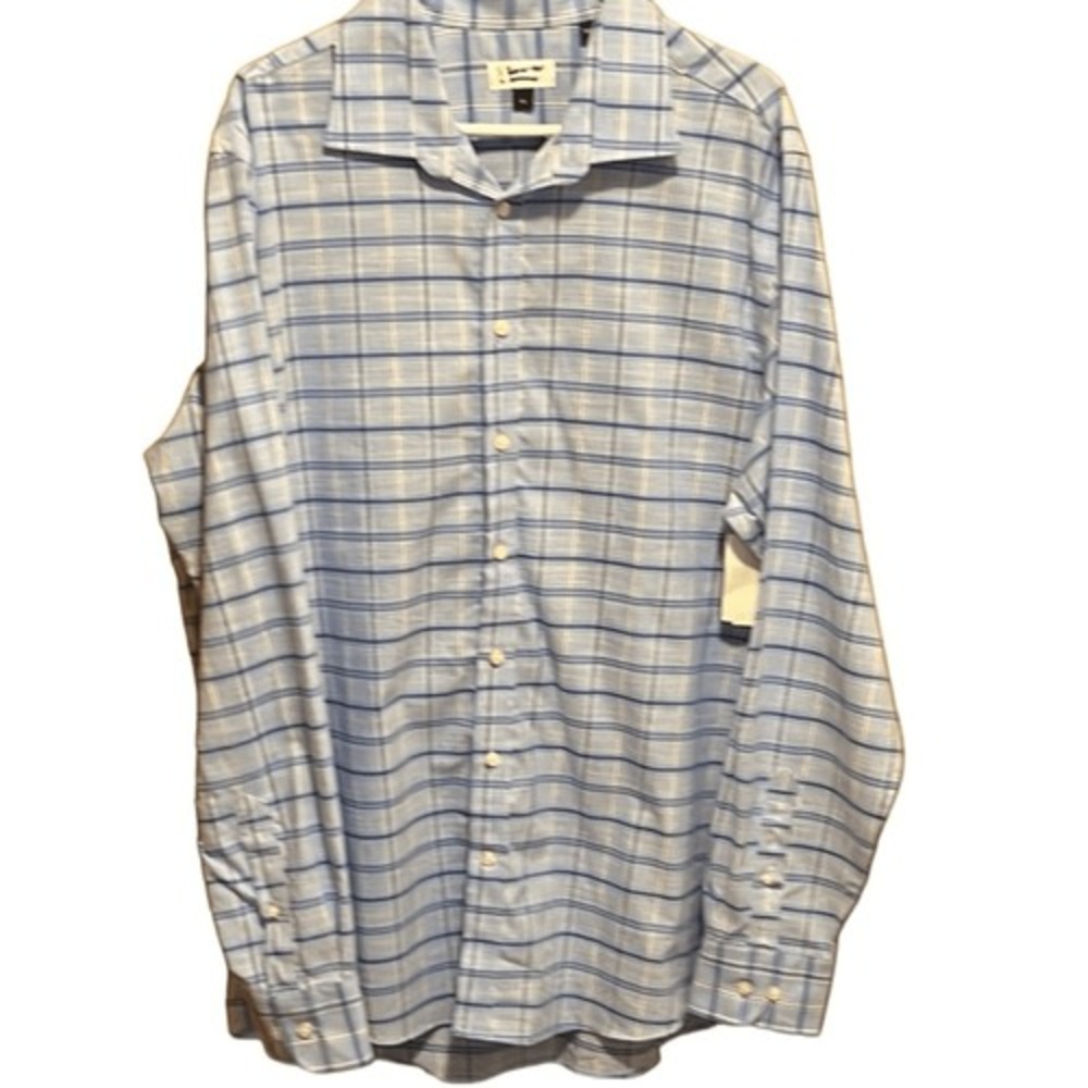 Stantt Essentials Shirt XL Plaid Blue White 100% Cotton Preppy‎ Upscale Natural